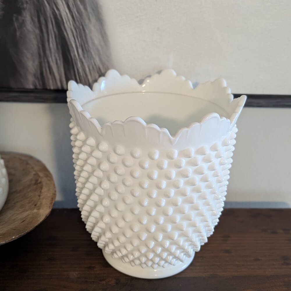 Vintage Fenton Hobnail Milk Glass Cookie Jar Canister Crown Edge Lidded Large St
